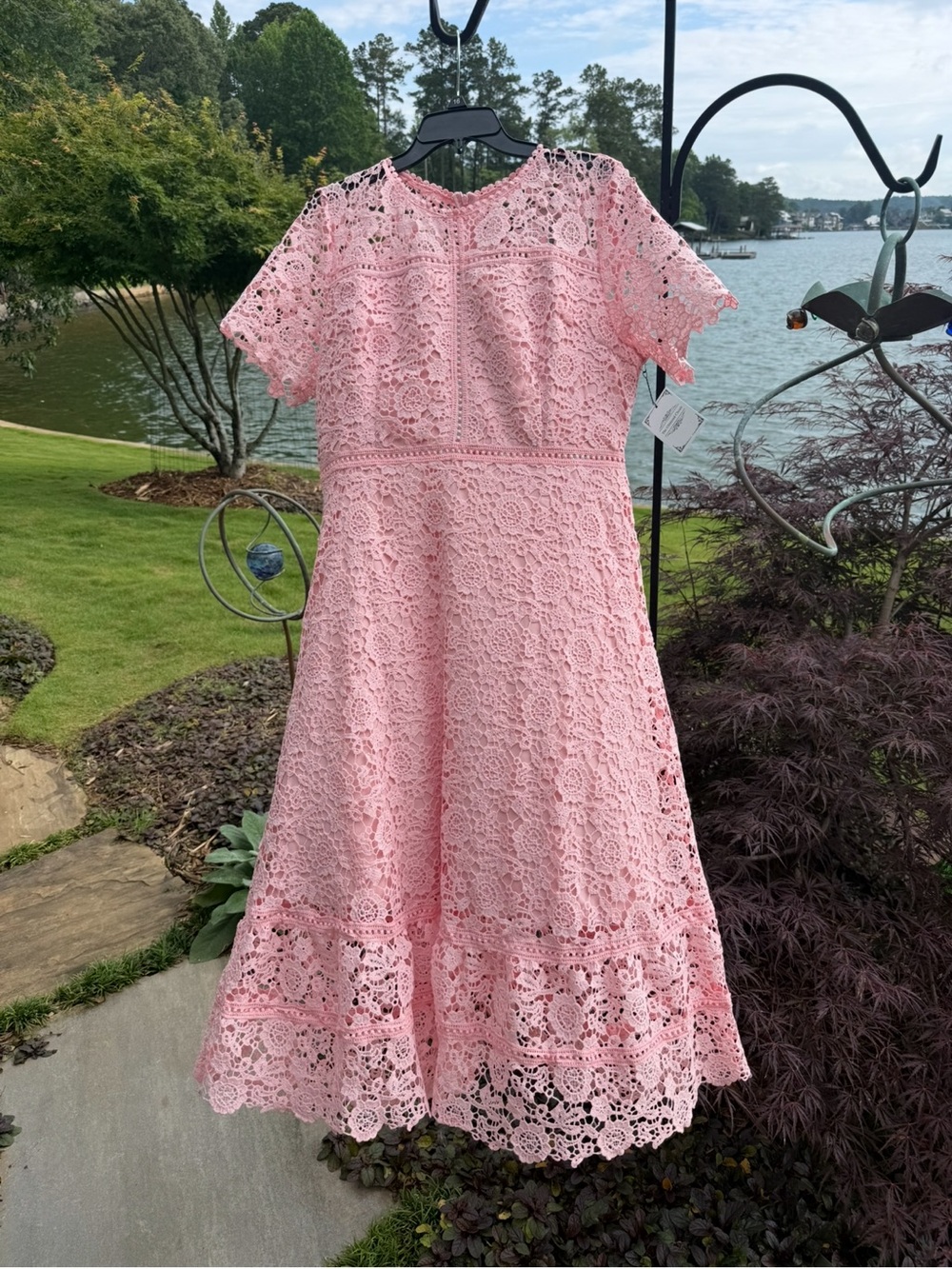 New Embroidered Floral Lace Ruffle Hem Midi Dress Short Sleeve Pink